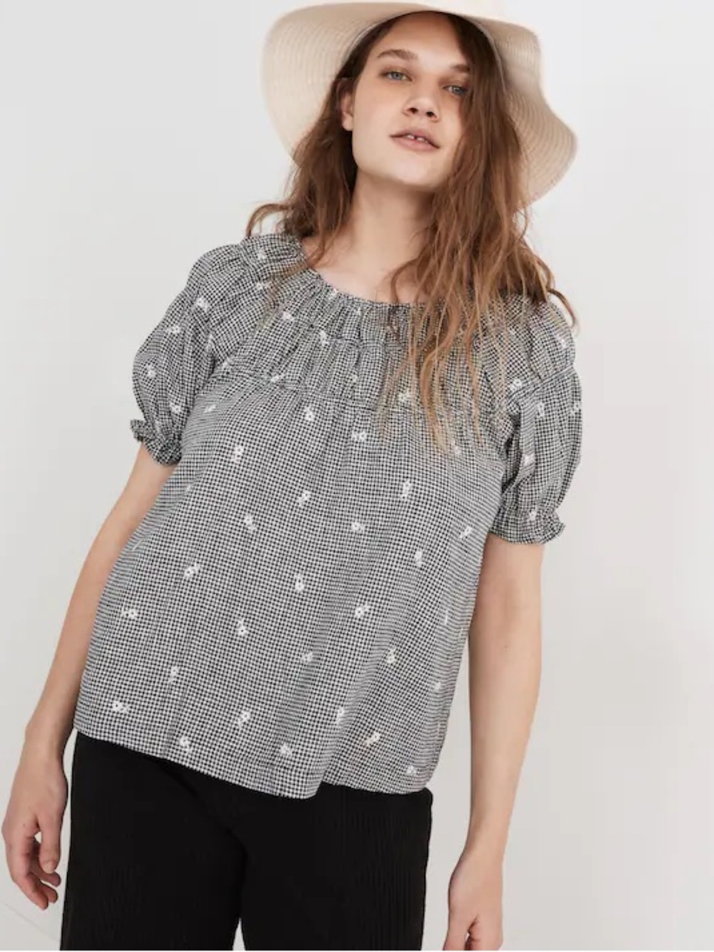 Madewell Embroidered Gingham Shirred Puff-Sleeve Top EUC